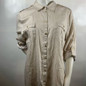 3For$20 Jaclyn Smith Button Tan/White Geometrical Button Down Blouse size 2x
